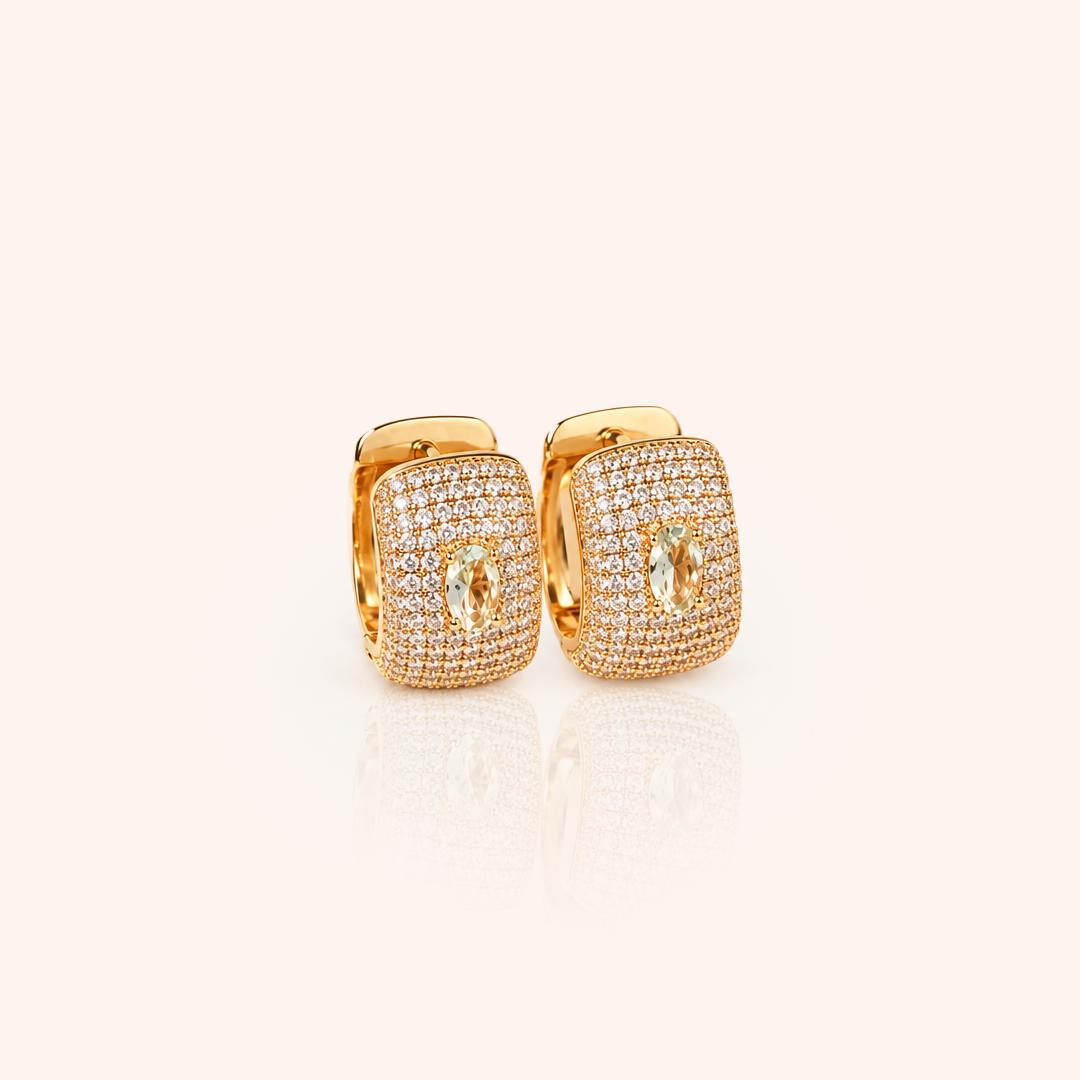 Wide Hoop Earring with Aquamarine Crystal Oval and White Cubic Zirconia - 18k Gold Plated